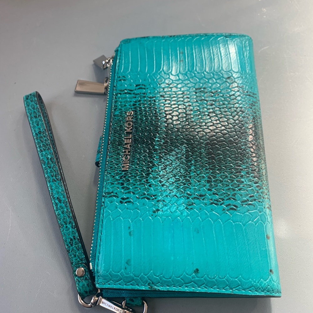 Michael Kors Teal Snakeskin Embossed Wristlet